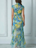 Elegant Draped Cowl Neck Blue Yellow Impressionist Print Dress