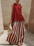 Vacation Cozy Top And Artistic Striped Skirt Linen Cotton Two-piece Set