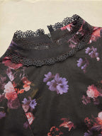 Cotton Blouse, Long Sleeves, Stand Collar, Floral, Lace, Vintage, Black