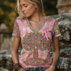 Celtic Tree Of Life & Pink Ribbon Embroidered Pink T Shirt