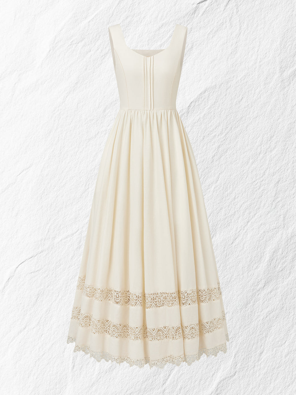 Maxi Linen Dress, Sleeveless, Sweetheart Neckline, Plain, Lace, Vintage, White