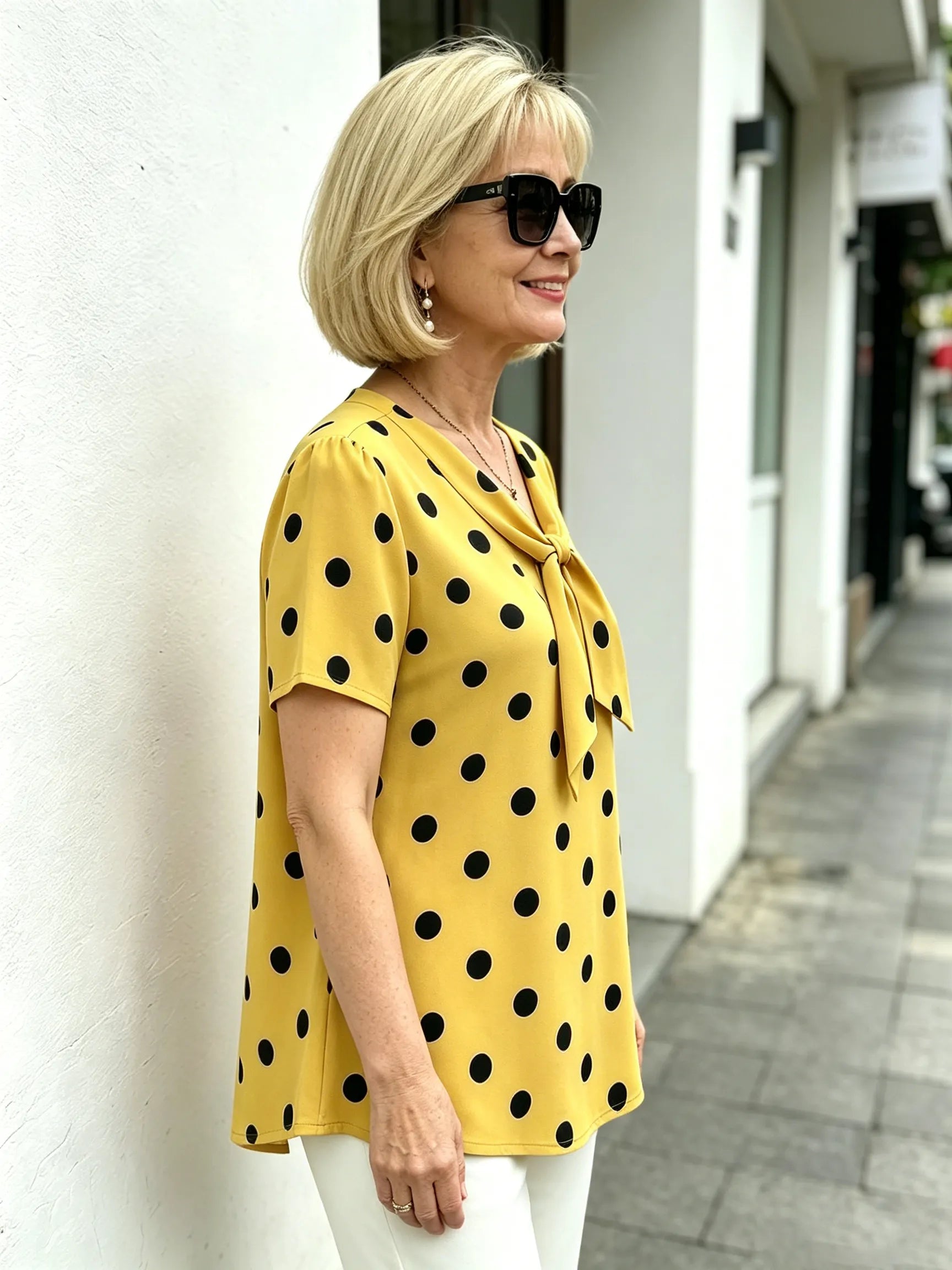 Yellow Polka Dot Chiffon Blouse, V Neck Front Tie Short Sleeve Loose Tummy Concealing Shirt for Mature Women