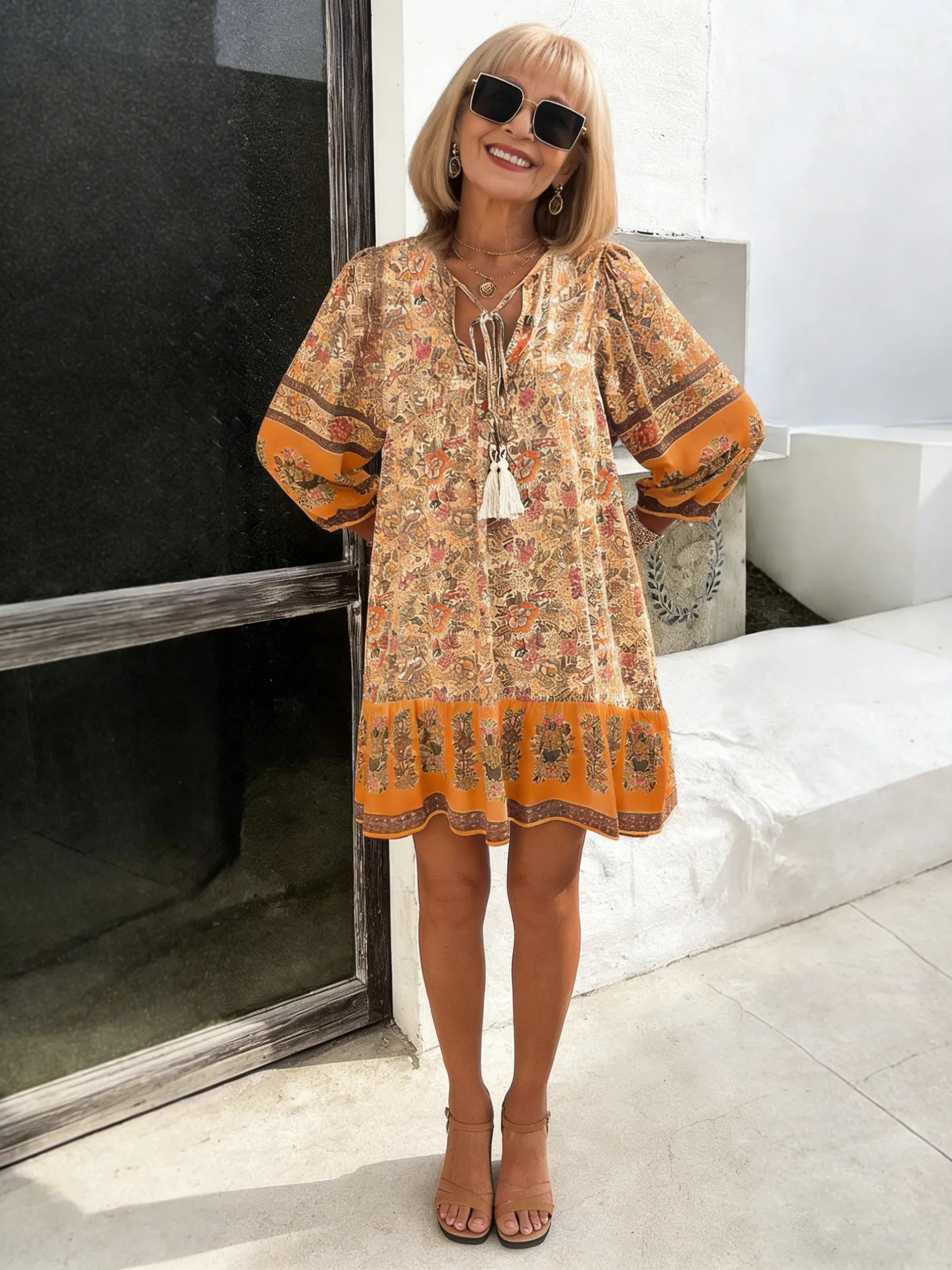 Vacation Dress Printed Shirt Casual Bohemian Vacation V-Neck Dress
