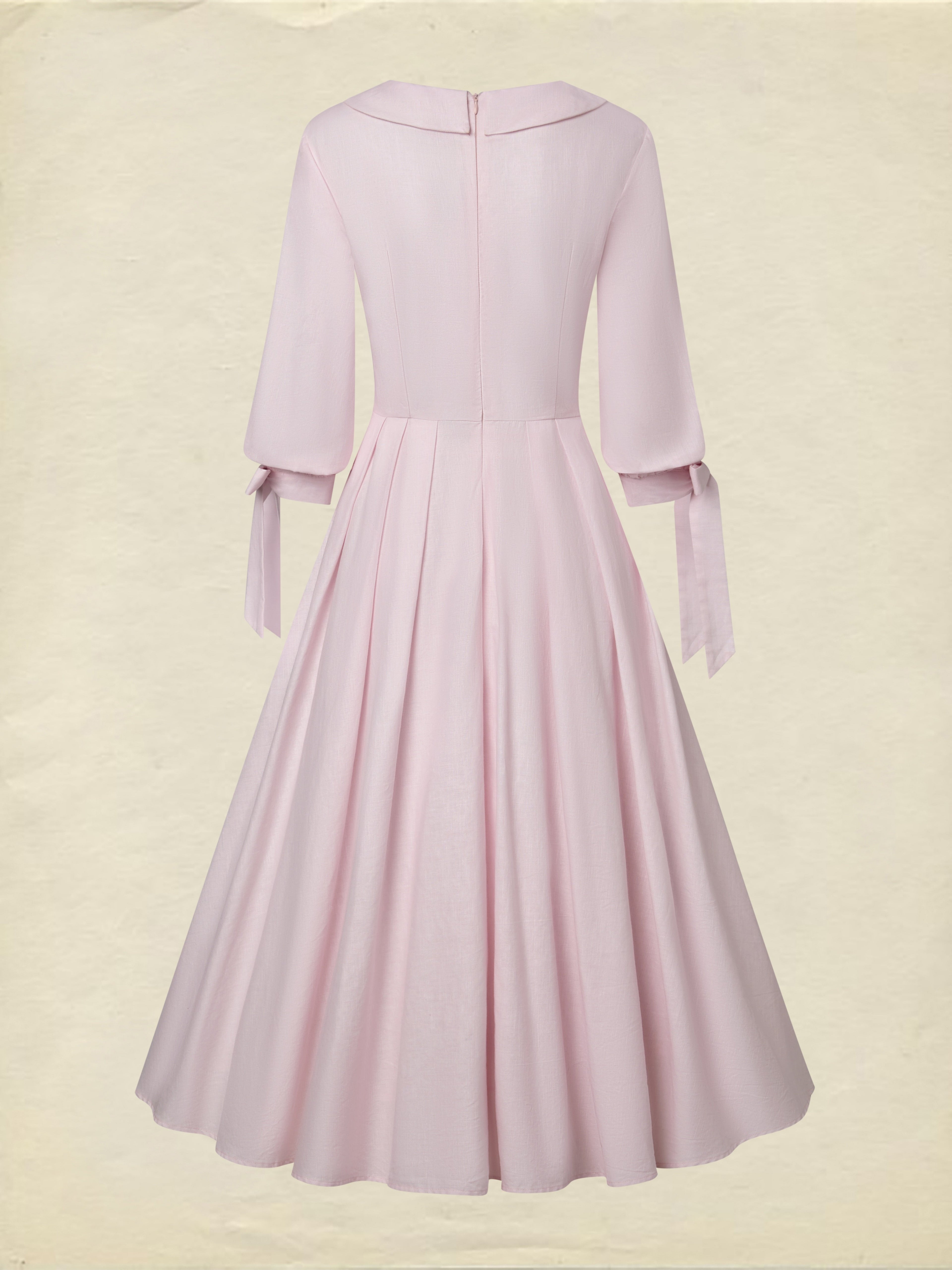 Midi Linen Dress, Half Sleeve, V Neck, Plain, Pocket Design, French Vintage, Light Pink