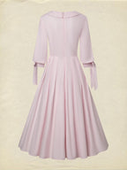 Midi Linen Dress, Half Sleeve, V Neck, Plain, Pocket Design, French Vintage, Light Pink