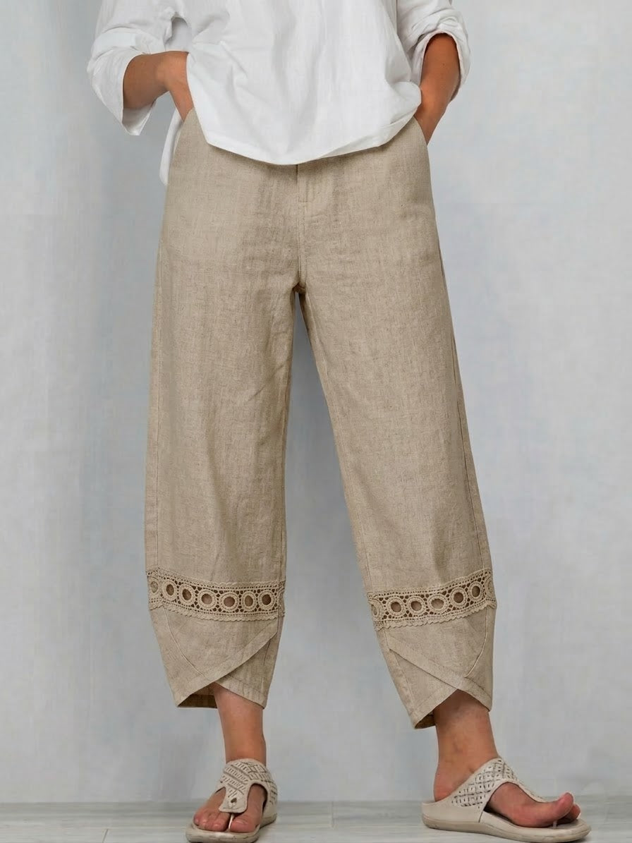 Casual Patchwork Linen And Cotton Trousers With Openwork Webbing