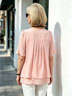 Pink Layered Chiffon Tunic Top, Round Neck Ruffle Short Sleeve Loose Tummy Concealing Blouse for Mature Women