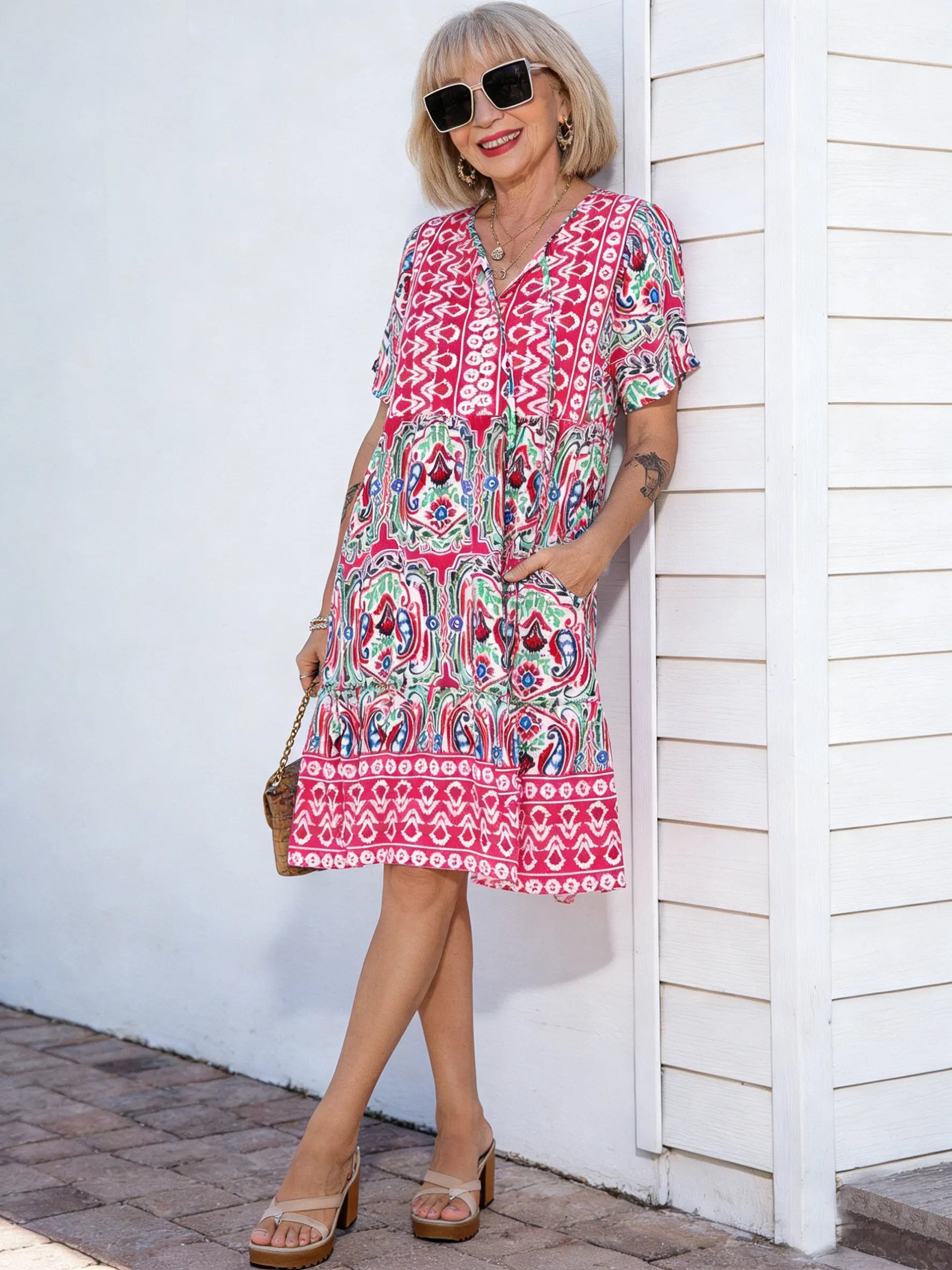 Vibrant Floral Bohemian Mini Dress -  New Arrival, V-Neck, Loose Fit, Casual Style, Floral Print, Mini Length, Perfect for Summer and Outdoor Activities