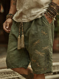Japanese Art Embroidery Dragonfly Green Shorts
