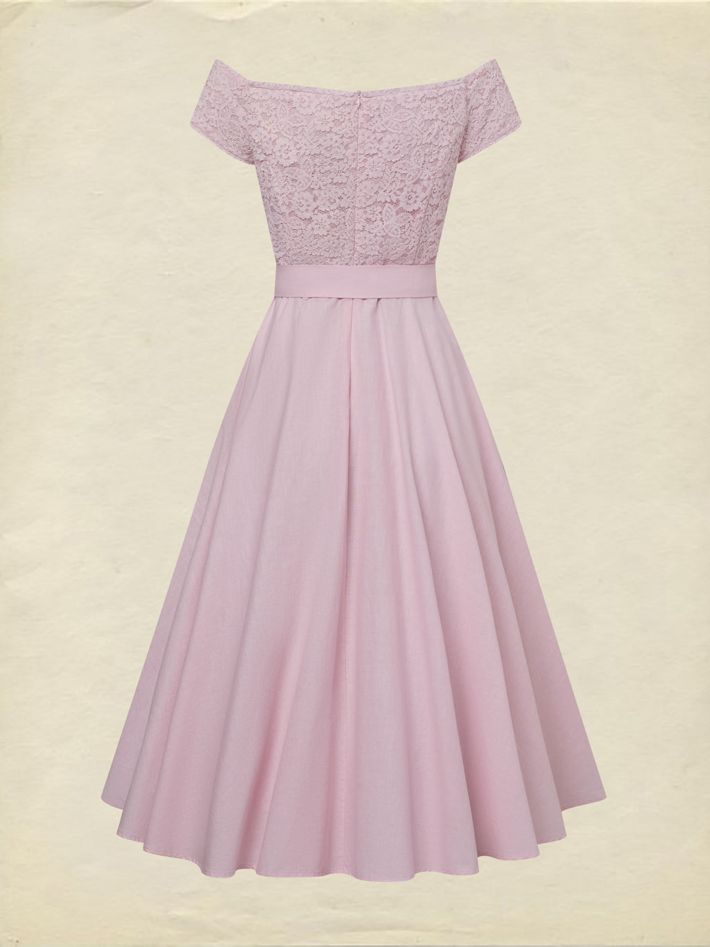 Midi Cotton Dress, Sleeveless, Off The Shoulder, Plain, Lace, French Vintage, Pink