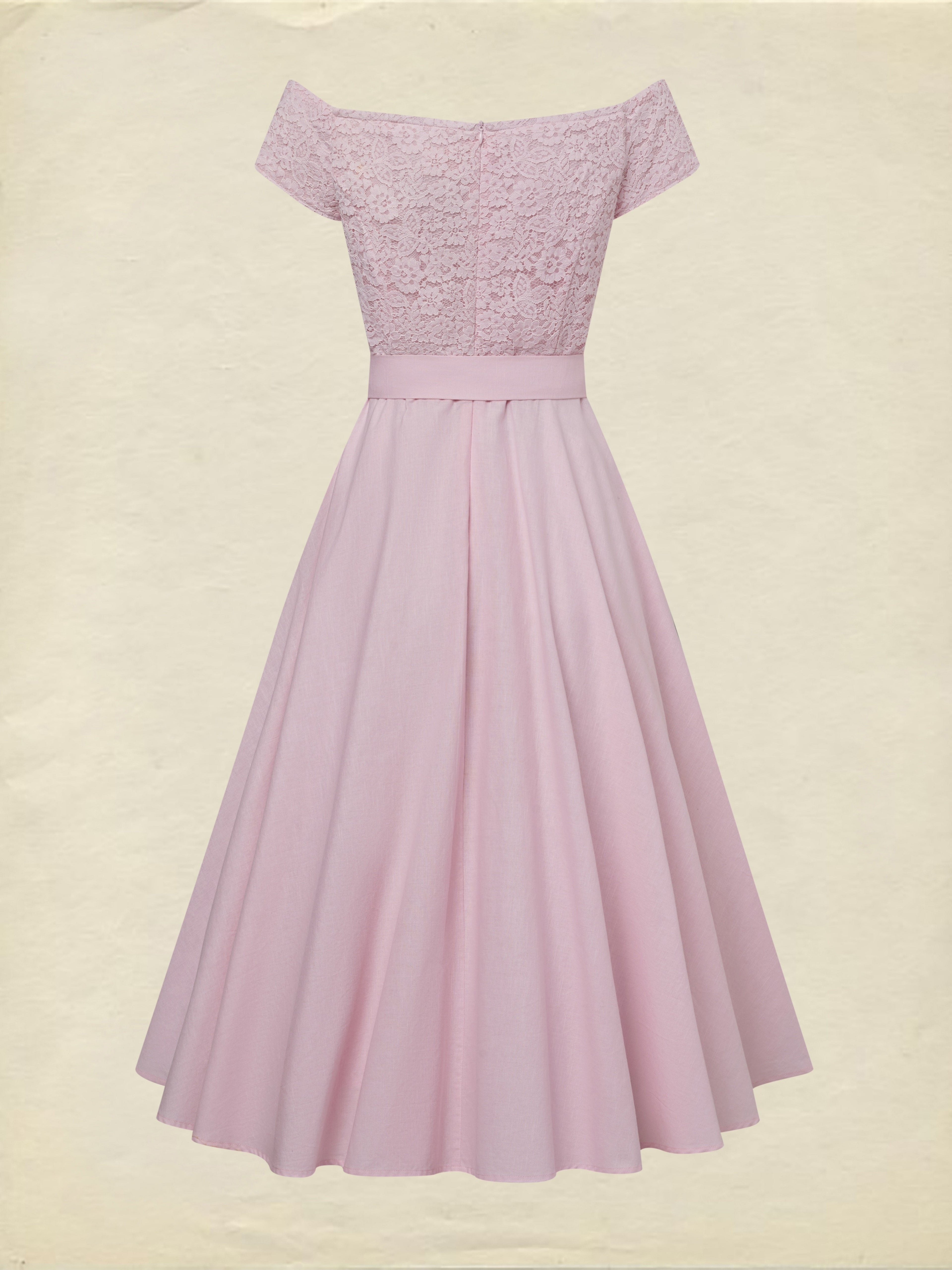 Midi Cotton Dress, Sleeveless, Off The Shoulder, Plain, Lace, French Vintage, Pink