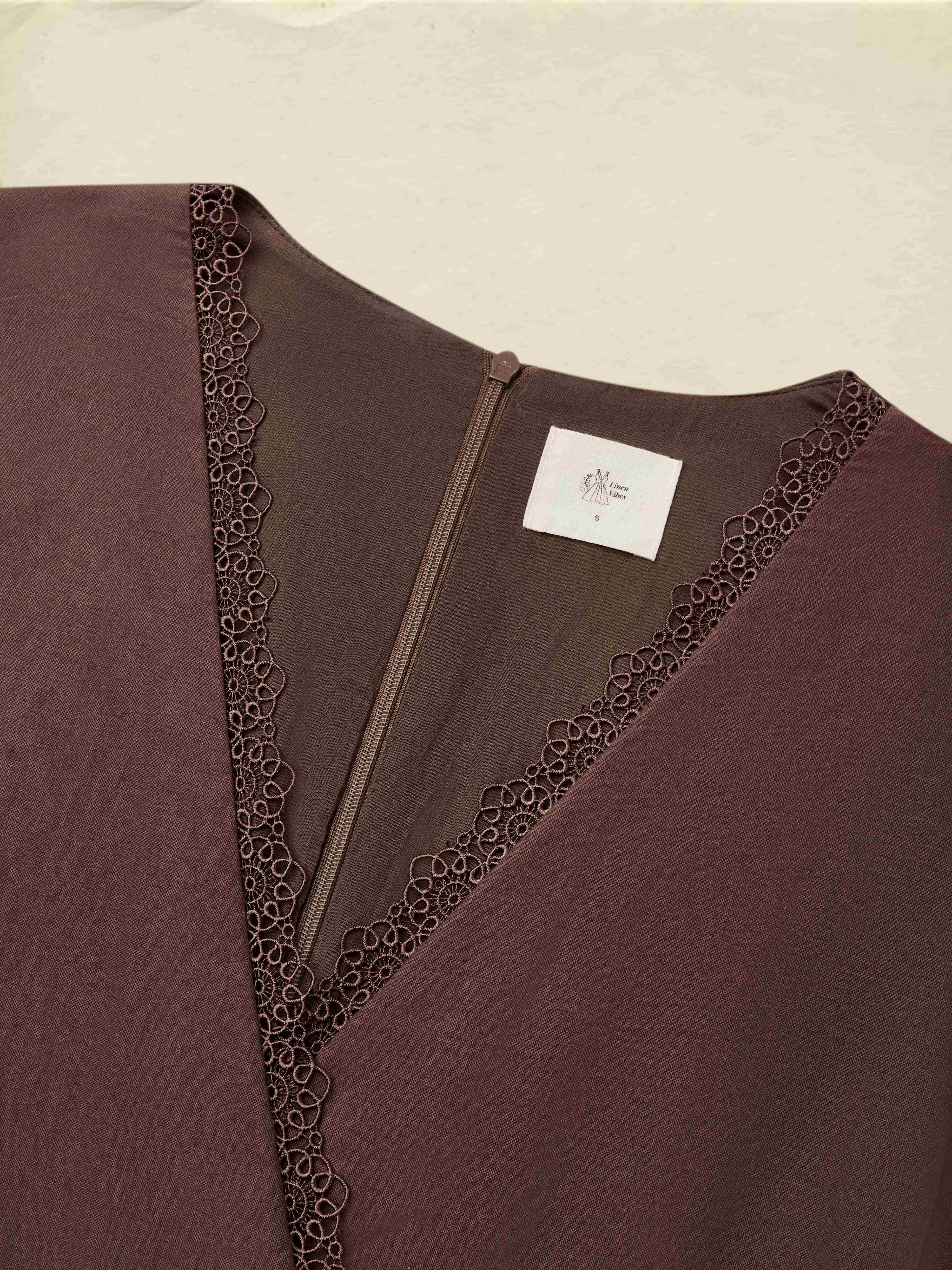 Linen Maxi Dress, Short Sleeve, Lace Collar, Plain, Vintage, CAMEO BROWN