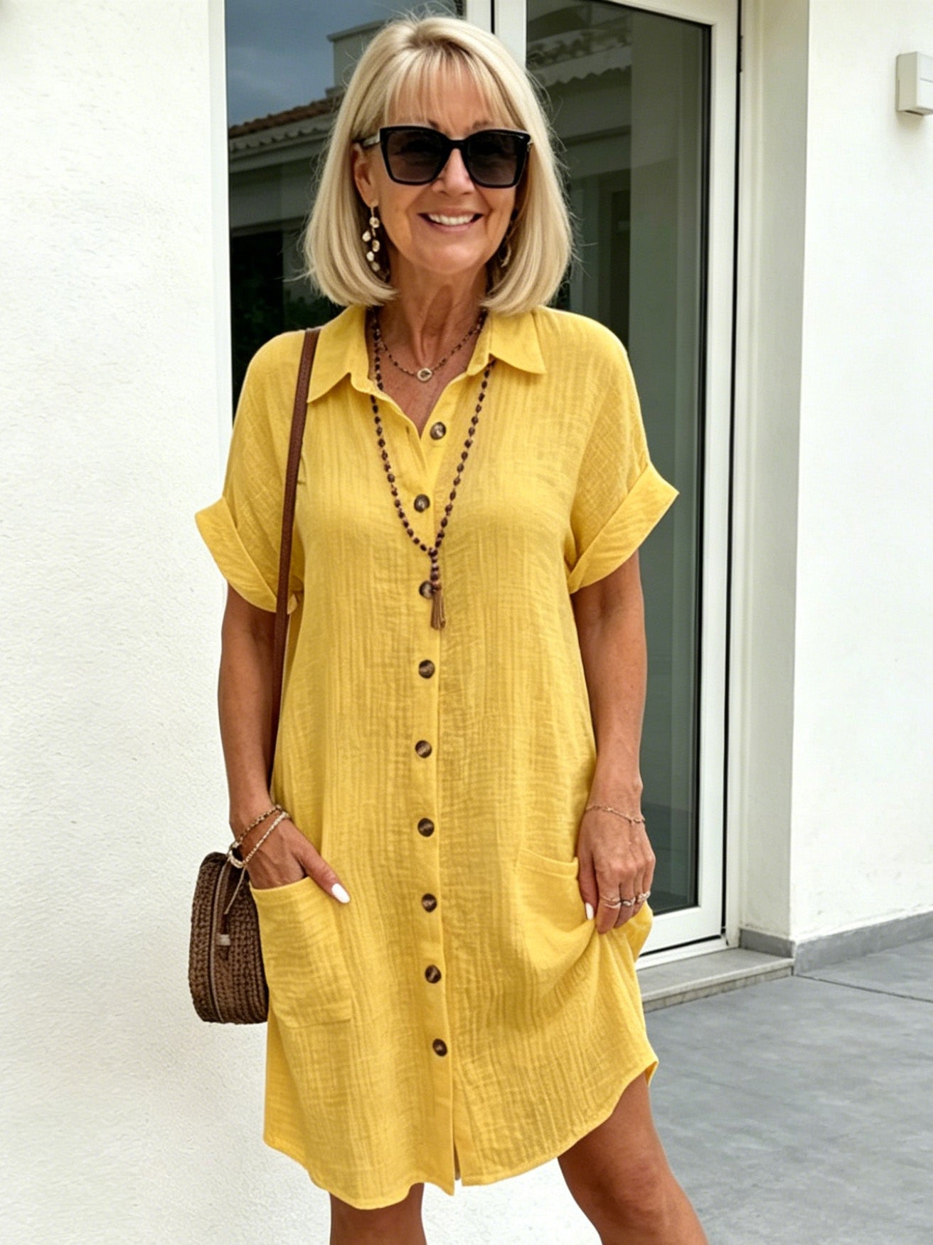 Solid Color Shirt Dress Simple, Made of Breathable, Featuring a Lapel Collar and Orderly Button Arrangement That Adds a Vintage Charm