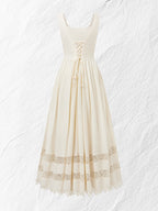 Maxi Linen Dress, Sleeveless, Sweetheart Neckline, Plain, Lace, Vintage, White