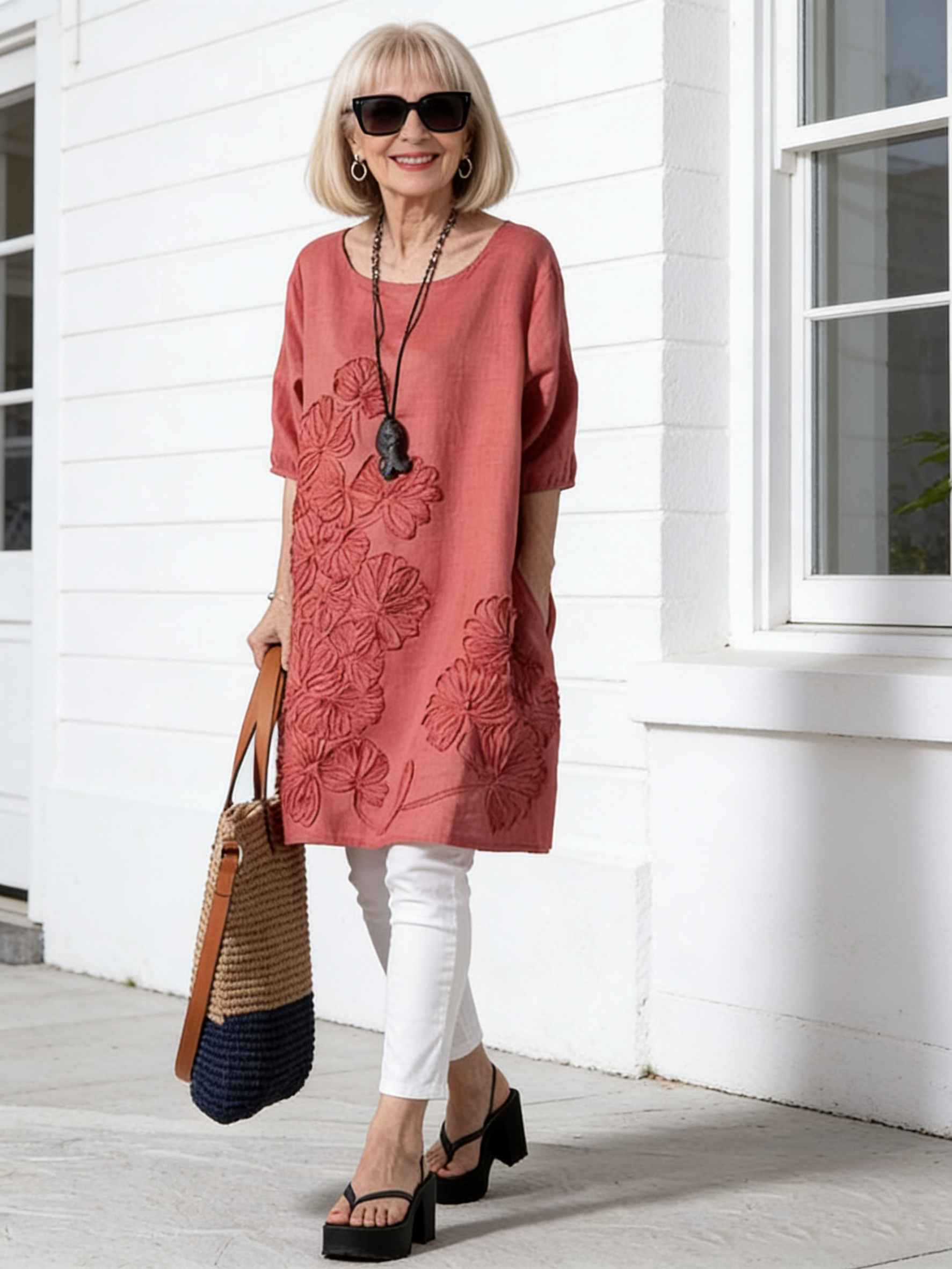 Middle Sleeve Dress Loose Embroidered Long Sleeve Cotton and Linen Dress
