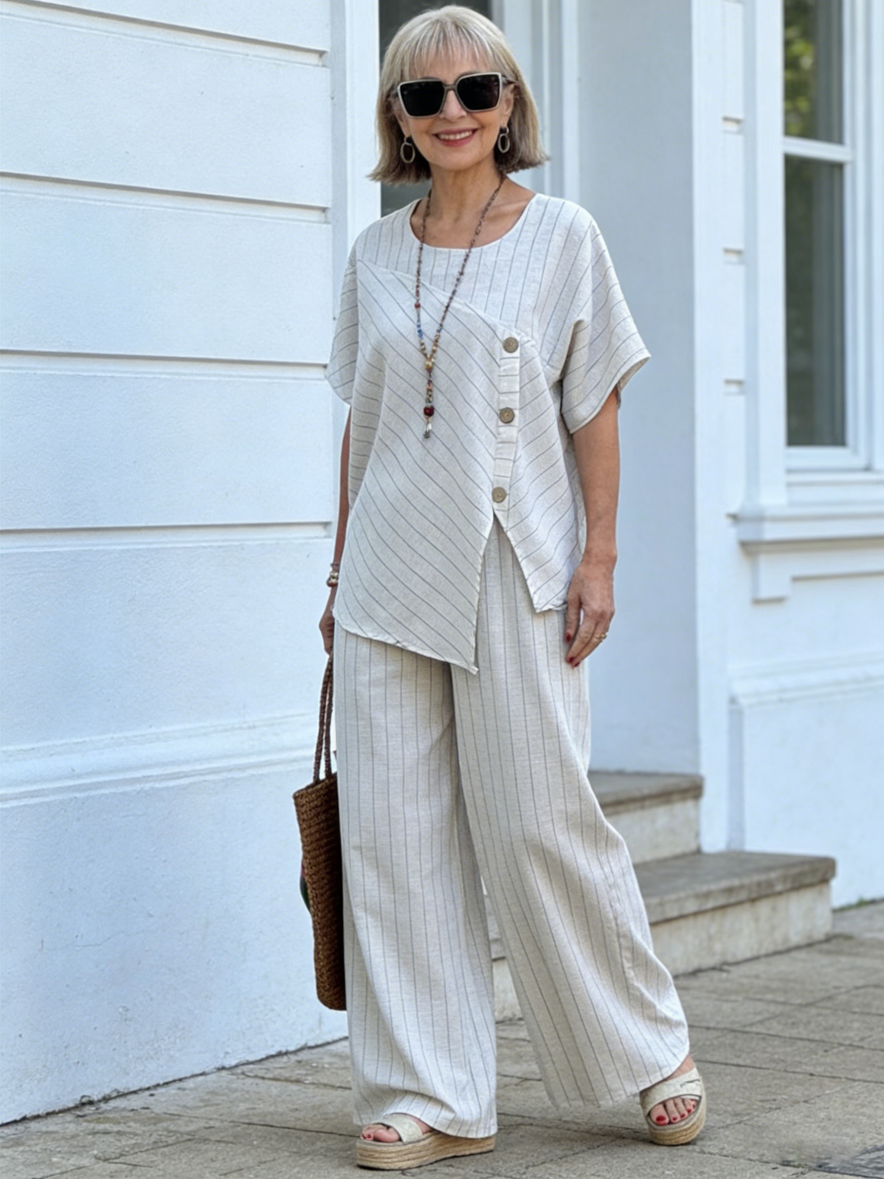 2Pcs Striped Short-sleeved Trousers Shirt Loose Pants Two-piece Set