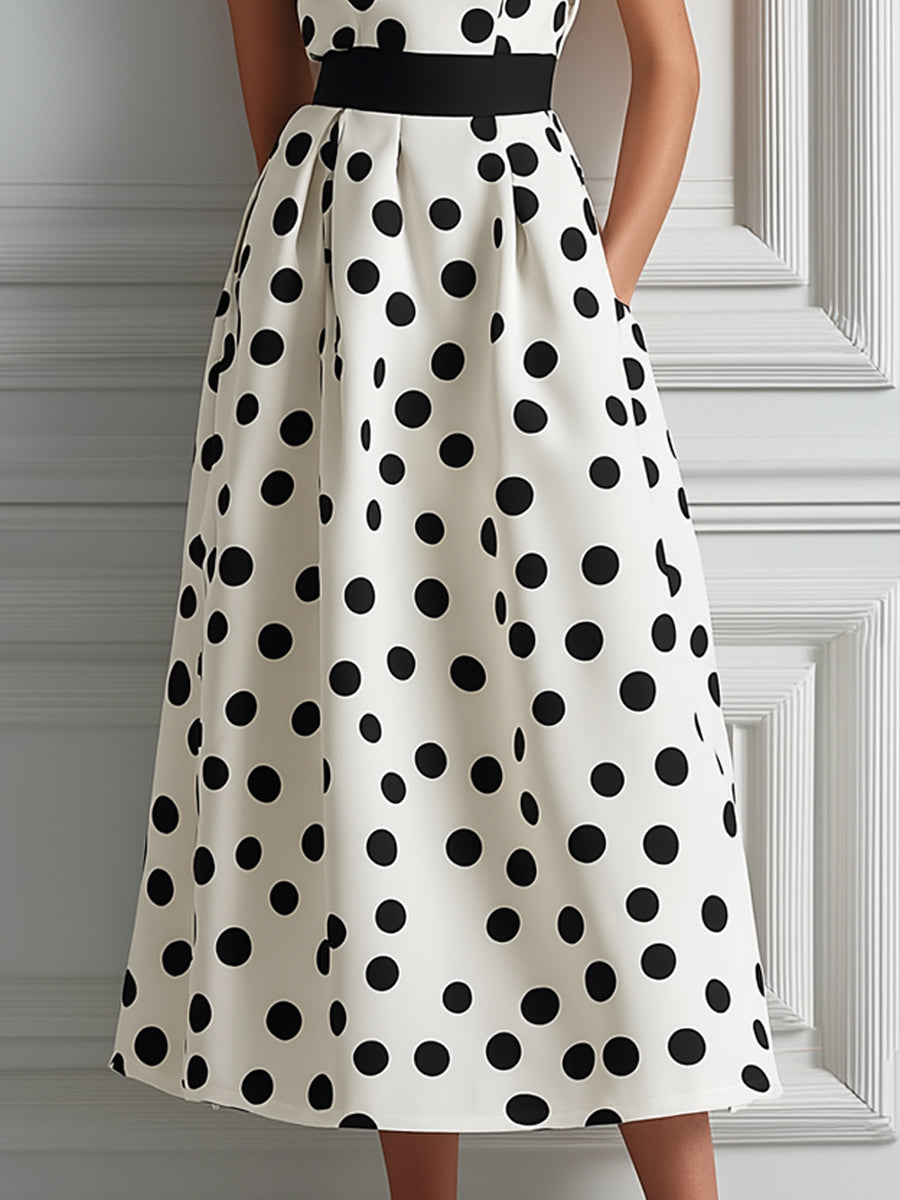 Black & White Polka Dot Strapless A-Line Midi Dress
