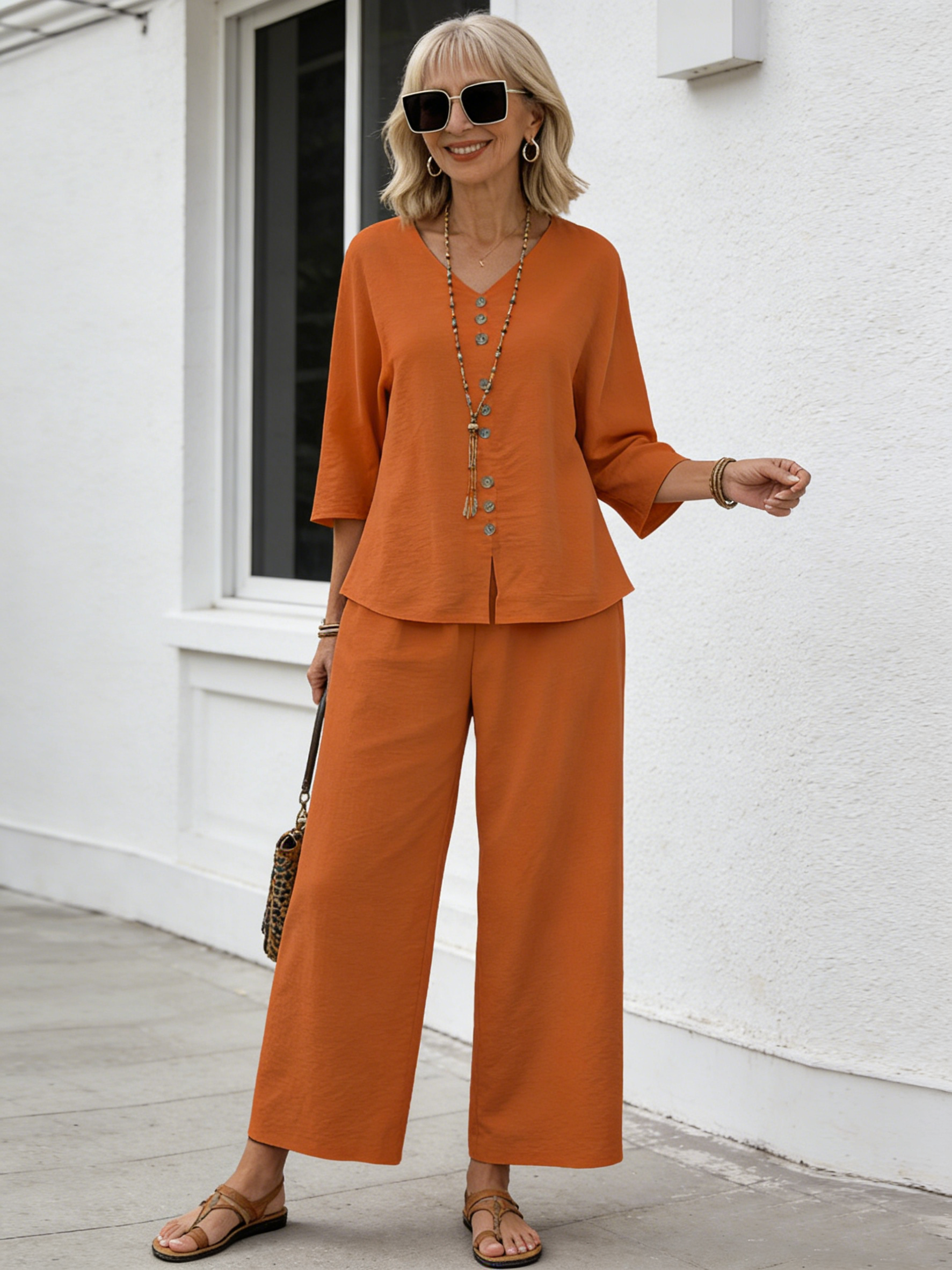 2Pcs Cotton and Linen Button Decoration Solid Color Top Pants Set