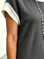 Textured Fabric Casual Contrast Twist Strip Short Sleeve Pocket Dress