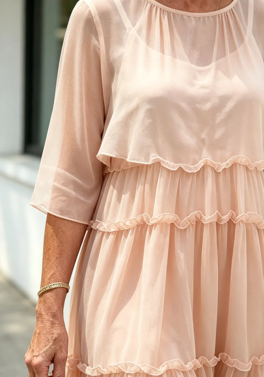 Light Blue Tiered Ruffle Chiffon Midi Dress, Round Neck Flutter Short Sleeve Loose Plus Size Elegant Women Dress
