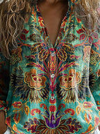 Women's Vintage Lovely Floral Art Print Casual Long Sleeve Comfortable Cotton Shirt