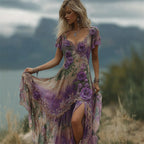 Boho Purple Roses Lace Dyed Flowy Maxi Dress