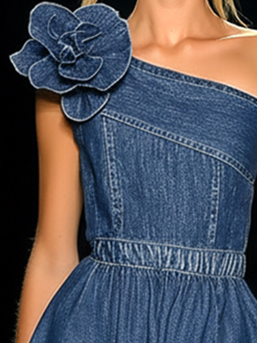 Elegant Retro 3D Floral Blue Denim Sleeveless Mini Dress
