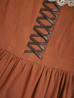 Maxi Cotton Dress, Long Sleeves, Square Neck,  Princess Line, Linen Blend, Orange