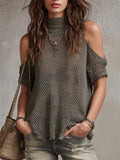 Women's Casual Off-Shoulder Hollow Out High Neck Knit Sweater