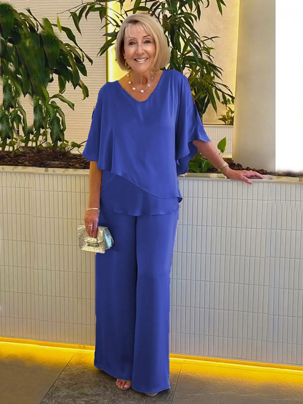 2Pcs Gray Double Layer Tunic Pantsuit