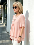 Pink Layered Chiffon Tunic Top, Round Neck Ruffle Short Sleeve Loose Tummy Concealing Blouse for Mature Women