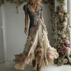 Women's Bohemian Pink Rose Patchwork Art V-neck Short Sleeve Maxi Dress
