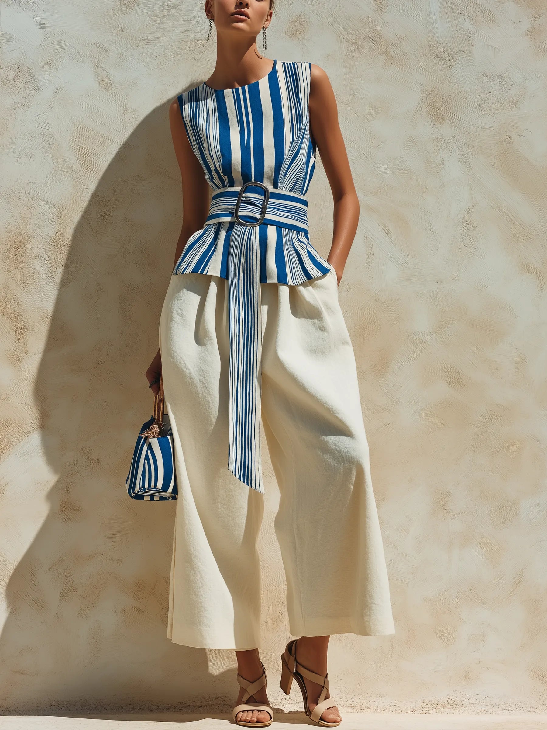 Blue & White Stripe Peplum Top & Wide-Leg Linen Pants Two-Piece Set