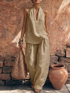 Cozy Minimalist Loose-fit Cotton-linen Two-piece Set