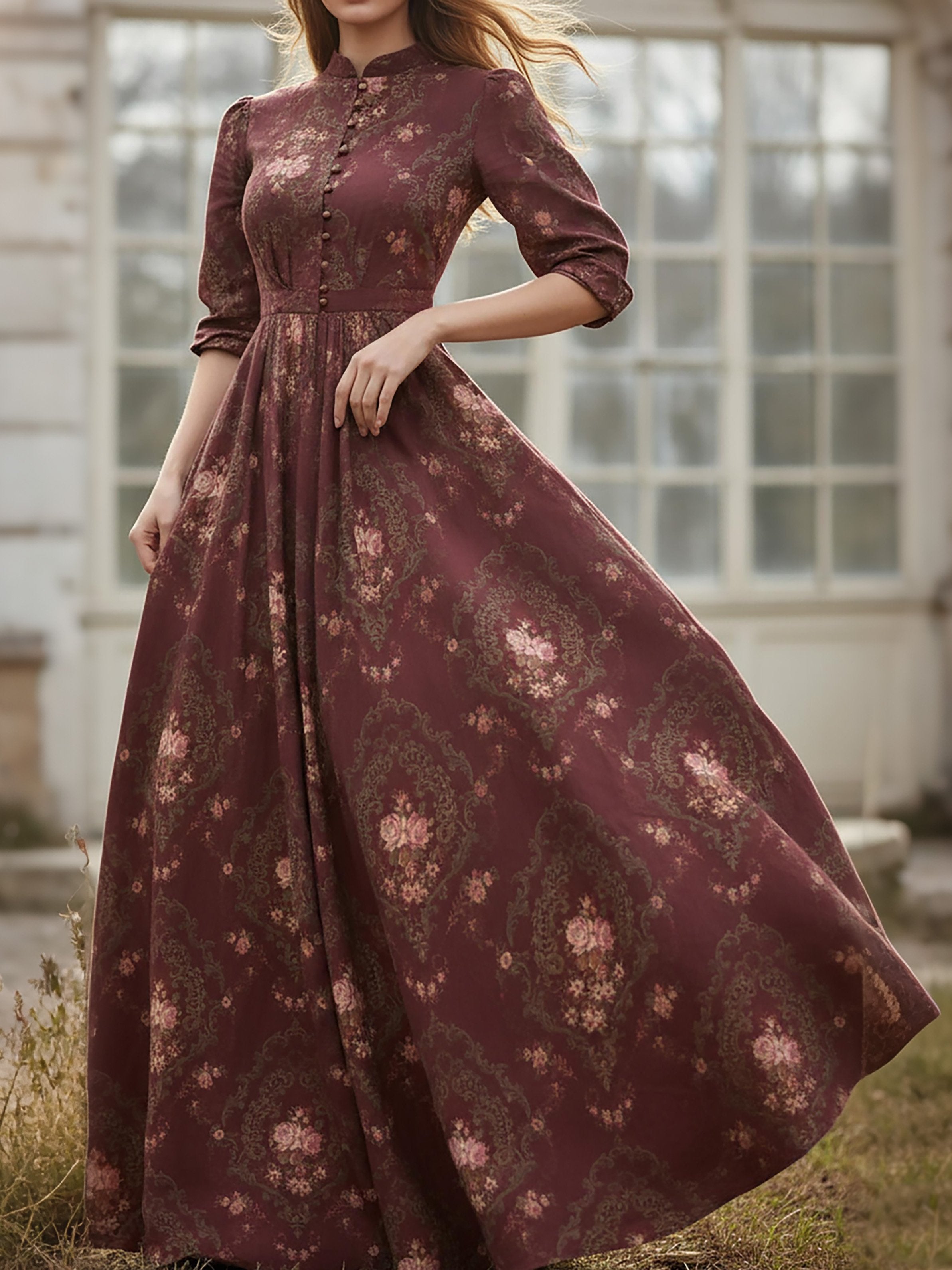 Maxi Linen Dress, Long Sleeves, Stand Collar, Floral, Button Design, Vintage, Red