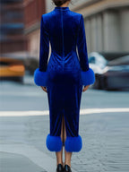 Glamorous Royal Blue Velvet Dress With Feather Trims