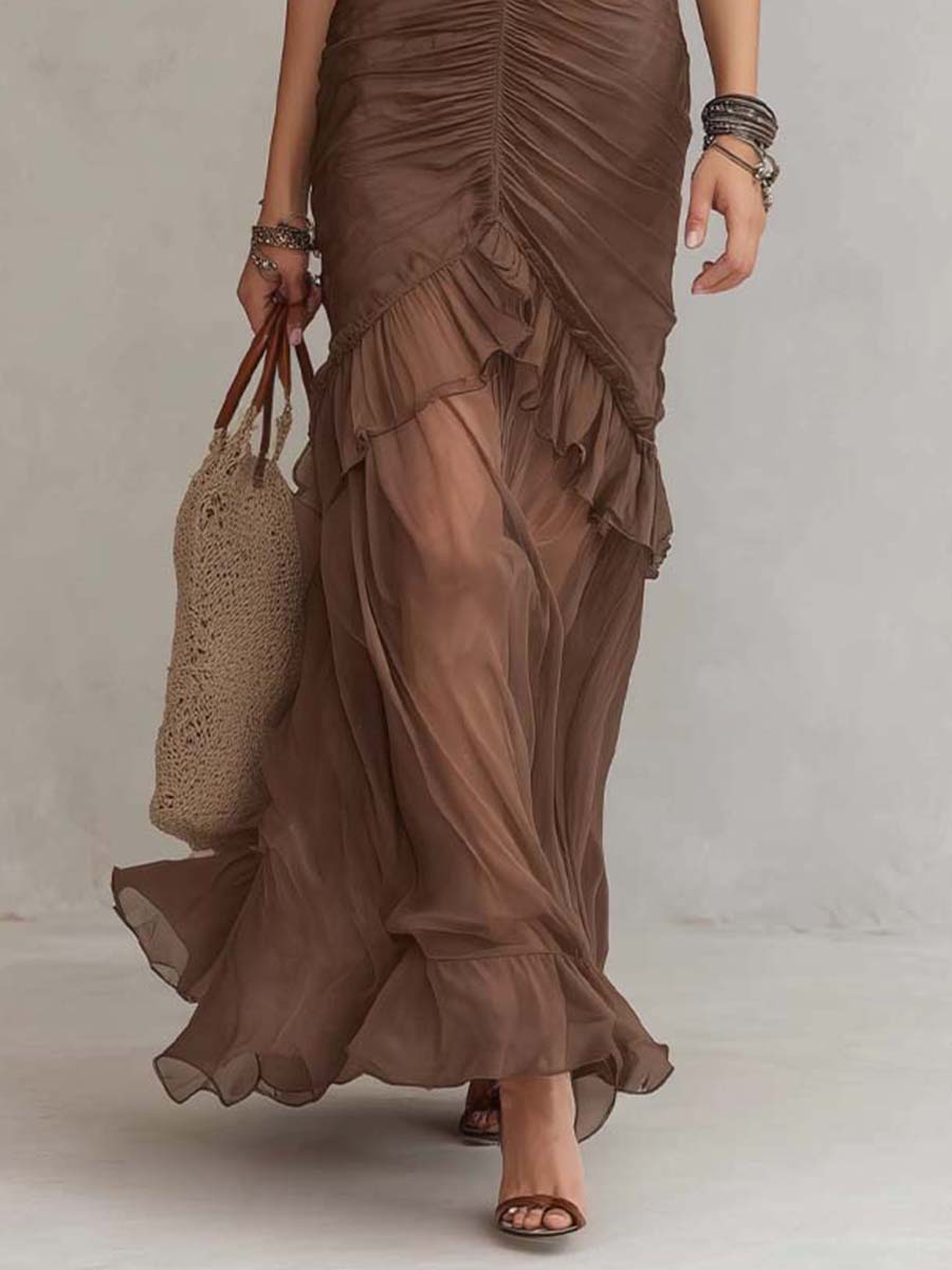 Bohemian Ruffle Ruched Sheer Chiffon Maxi Dress