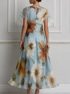 Elegant Floral Chiffon A-Line Midi Dress