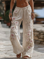 Women's Spring Floral Roses Embroidered Art Print Flowy Linen Blend Casual Pants