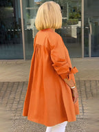 Solid Color Long Cotton Shirt Jackets Women Swing Jacket Shap Flattering Gathered Yolk At The Back