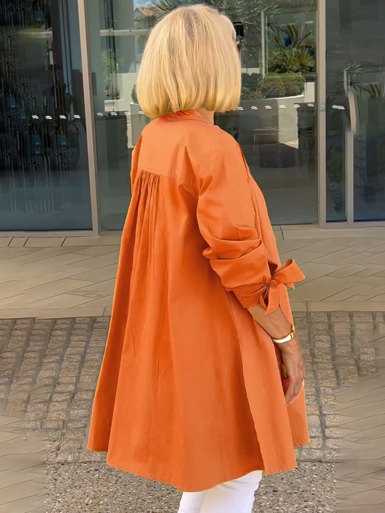 Solid Color Long Cotton Shirt Jackets Women Swing Jacket Shap Flattering Gathered Yolk At The Back