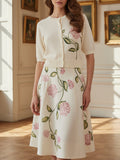 Midi Linen Skirt, Floral, Vintage, White