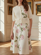 Midi Linen Skirt, Floral, Vintage, White