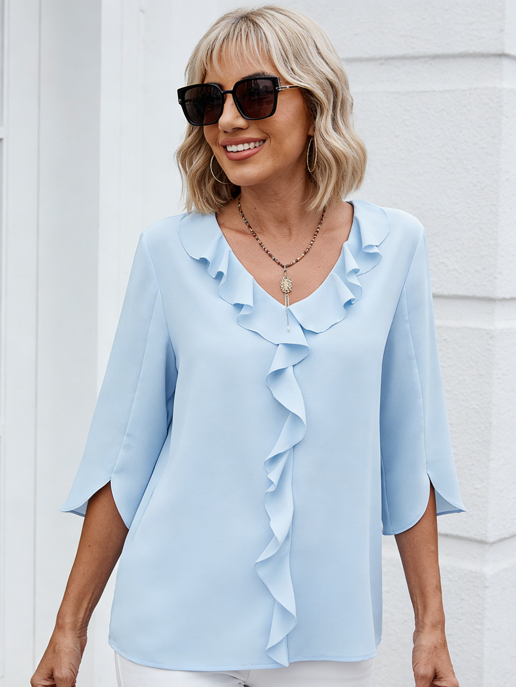 Chiffon Shirt Medium Sleeve V-neck Pleated Ruffle Edge Loose Women's Top