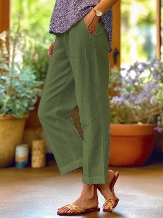 Cotton and Linen Loose Solid Color Elastic Waist Pocket Straight Casual Pants