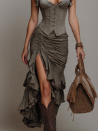 Satin Corset-Style Vest & High-Slit Ruffled Skirt Set