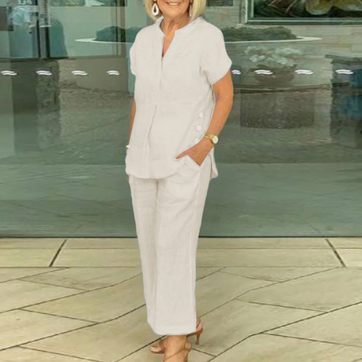 2Pcs Cressia Side Button Top Cotton and Linen Pants