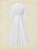Linen Maxi Dress, Half Sleeve, Shawl Collar, Plain, Vintage, White