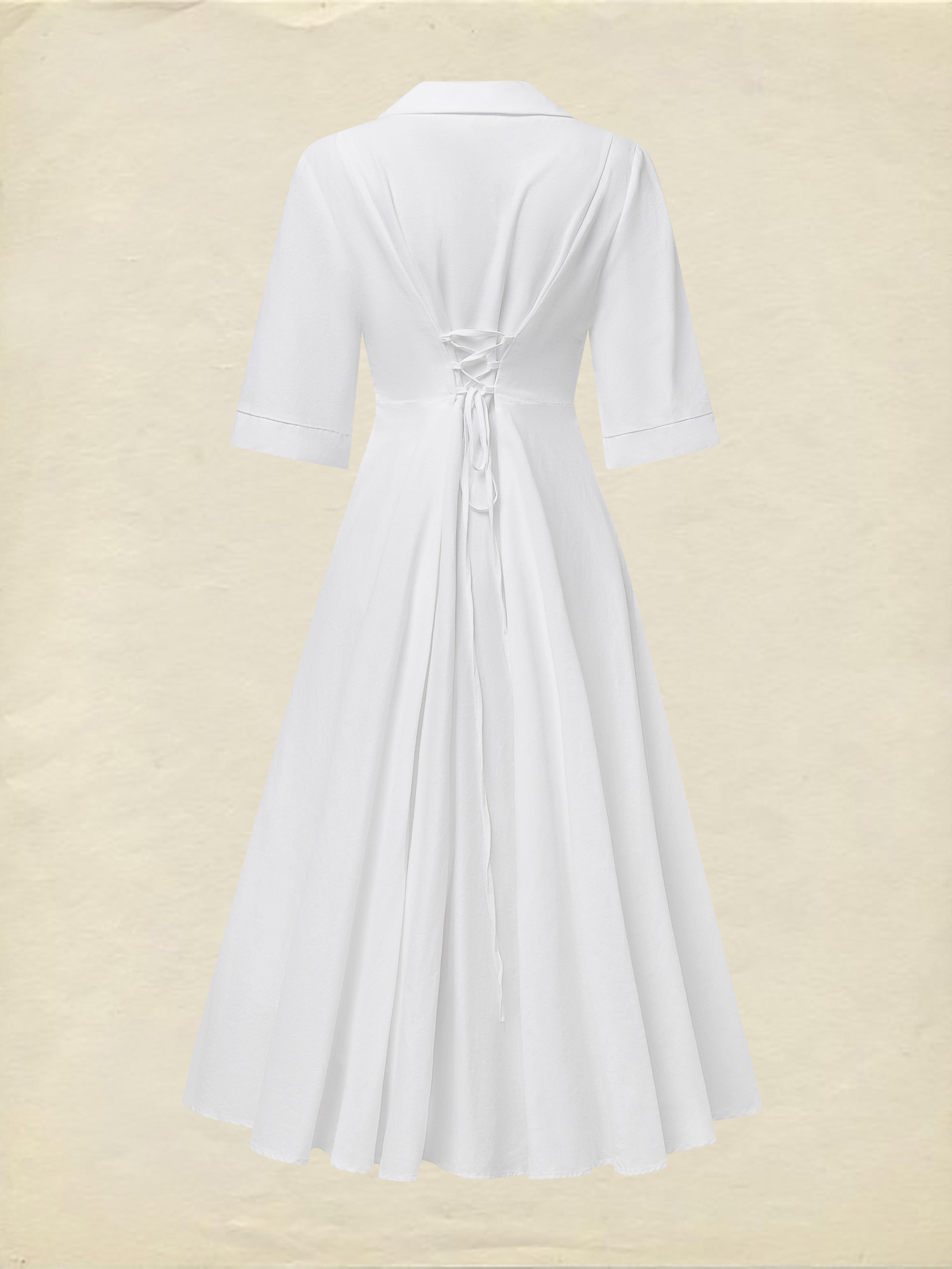Linen Maxi Dress, Half Sleeve, Shawl Collar, Plain, Vintage, White