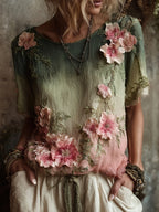 Vintage Cherry Blossom Gradient Art Pattern Linen T-shirt